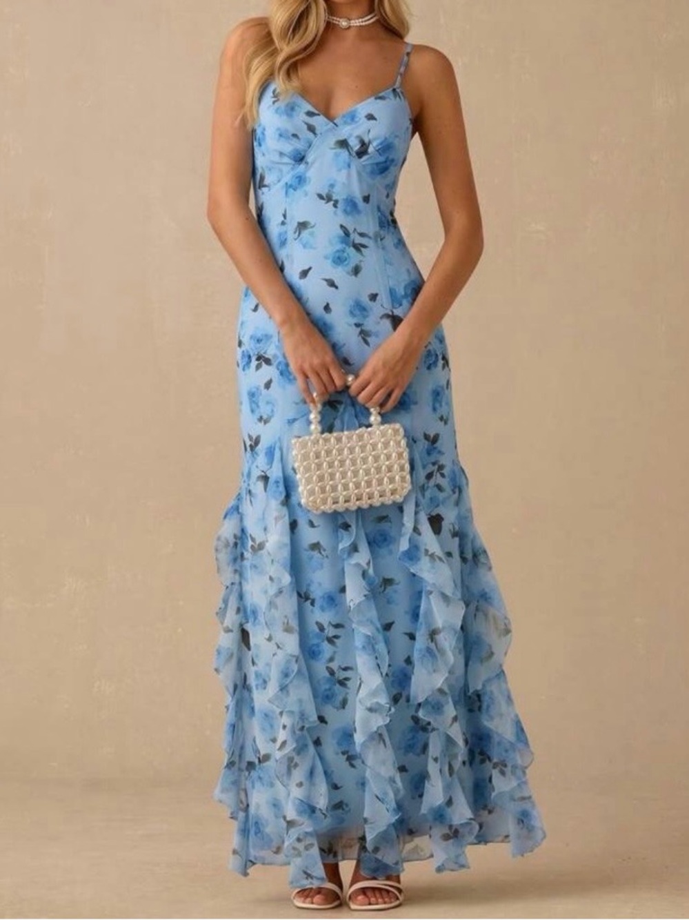 SHEIN Light Blue Floral Ruffle Maxi Dress